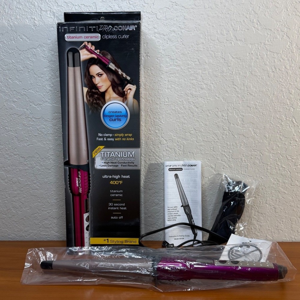 New Conair InfinitiPro Titanium Ceramic Clipless Curling Wand Purple CD123